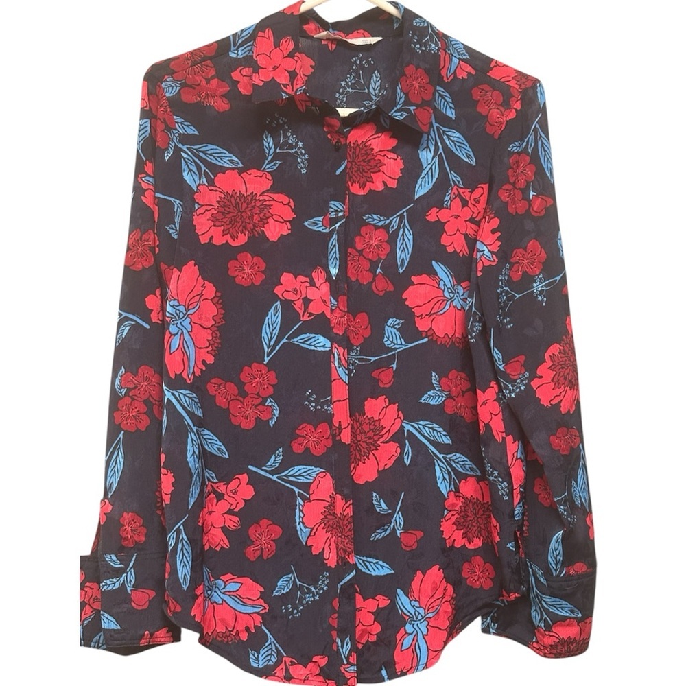 Zara Black Button-Down Floral Shirt with red & Blue Blooms - Picture 2 of 8